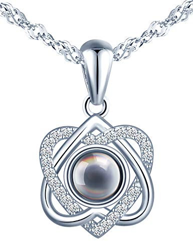 CPSLOVE Herz Halskette, Damen Silber Halskette Anhänger, Zirkon, Schwarzer Nano Gem, mit 100 SprachenIch liebe dich Projektion