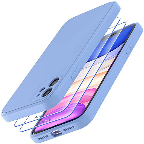 Losvick for iPhone 11 Phone Case with 2 x Tempered Glass Screen Protector, Liquid Silicone Slim Soft Shockproof Bumper Microfiber Lining Anti-Scratch Cover for iPhone 11-6.1 inch- Sky Blue