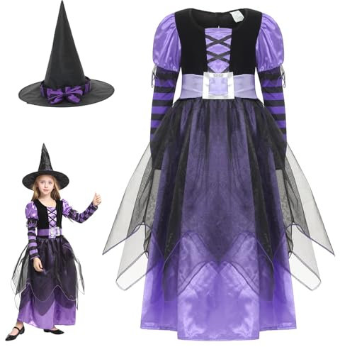 GEMVIE Girls Halloween Witch Costumes Fancy Dress Party Witch Princess Dress with Witch Hat Carnival Cosplay Costume with Broom