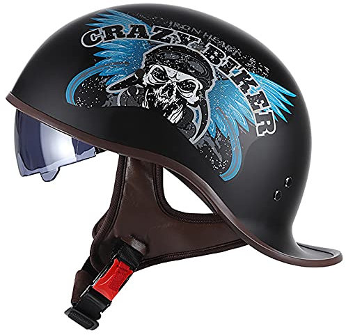 Hanhua Unisex Retro Elektro Motorrad Halbhelm Vintage Jethelm Mit Sonnenblende Männer Frauen Leichter Mopedhelm ATV Street Helm ECE Approved Skull Hat