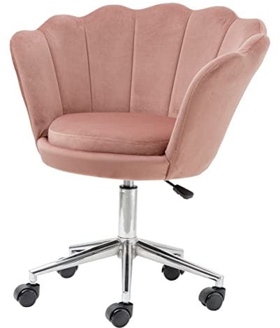 Baroni Home Poltrona Imbottita con Schienale a Conchiglia in Velluto Rosa Cipria con Ruote Argento, Sedia con Ruote da Scrivania, Altezza Regolabile, Super Confortevole 69x71x84 cm