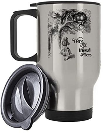 Getagift Alice Wonder Land and Chesire cat We are All mad here Themed 14 oz Stainless Steel Insulated Travel Mug (Silver Travel)