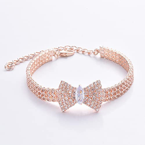 Bow Knot Cat Collar Shiny Rhinestone Cat Collar Faux Pearl Cat Necklace Inlaid Rhinestone Cat Collar Adjustable Metal Cat Collar,Rose Gold,L
