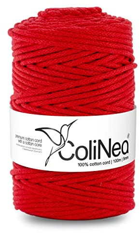 ColiNea Baumwollkordel mit Baumwollkern 5 mm 100m Baumwollgarn DIY Makramee Stricken Cotton Cord rot ideal für Makramee Handwerk Baumwollseil für Basteln