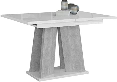 Mirjan24 Tisch für Esszimmer Narulto, Rechteckiger Esstisch, Praktischer Auszugstisch, Küchentisch, Esszimmertisch, Ausziehtisch, Synchrone Kugelführungen (Weiß Hochglanz/Beton)