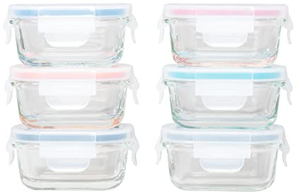 GENICOOK Borosilicate Glass Small Baby-Size Meal and Food Storage Containers, Rectangular Shape - 12 pc Set (6 Containers - 6 Matching Lids)