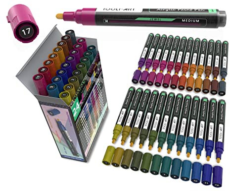 TOOLI-ART Acrylic Paint Markers Paint Pens Special Colours Set For Rock Painting, Canvas, Fabric, Glass, Mugs, Wood, Ceramics, Plastic, Multi-Surface. Non Toxic, Water-based (JEWEL M)