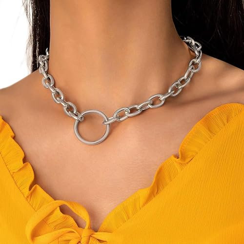 TseenYi Open Circle Punk Chunky Chain Choker Silver Ring Pendant Thick Link Necklace Jewelry for Women and Girls Gifts
