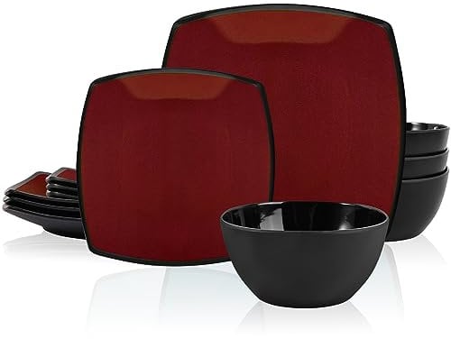 afcevnlb Square Melamine Dinnerware Sets 12 Piece Service for 4 Deep Red Plates and Bowls Sets for Indoor/Outdoor Grill, Holiday Party, Camping