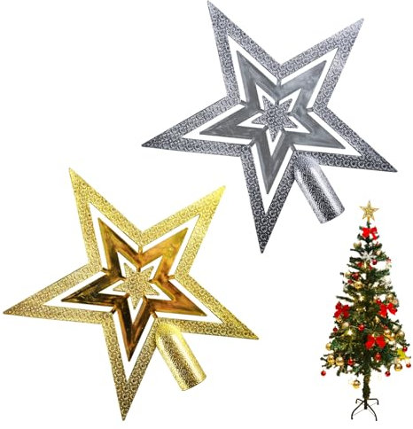 Weihnachtsbaum Topper Star, Weihnachtsbaumschmuck, Christbaumspitze Stern, Weihnachten-Dekoration, Baumspitze Stern, Weihnachtsbaumstern, Ideal für Weihnachtsfeiern, 2 Stück, Gold + Silber, 20cm