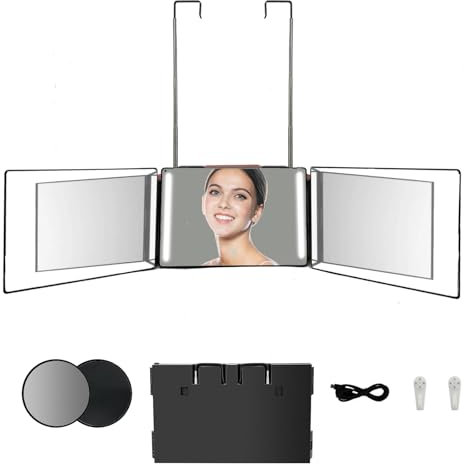 EVGTTI 360 Grad Spiegel mit LED-Licht zum Selbstschneiden und Stylen - Tragbarer 3 Wege Kosmetikspiegel mit Höhenverstellung und Haken - Ideal für Badezimmer, Schlafzimmer, Make-up, Rasur