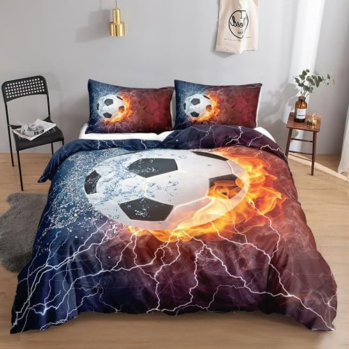 HOSIMA Fußball-Bettwäsche-Set für Jungen und Mädchen, Cooler EIS- und Feuer-Fußball-Aufdruck, Bettbezug mit 2 Kissenbezügen (Fußball5 S)