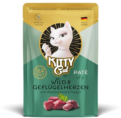 KITTY Cat Paté Wild & Geflügelherzen, 6 x 85 g, Nassfutter für Katzen, getreidefreies Katzenfutter mit Taurin, Lachsöl und Grünlippmuschel, Alleinfuttermittel mit hohem Fleischanteil, Made in Germany