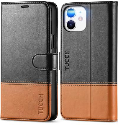 TUCCH Hülle für iPhone 12, iPhone 12 Pro Lederhülle TPU [Kartenfach], [Ständer] [RFID Blocker] Case, [Magnet] Stoßfeste Schutzhülle, Handyhülle Kompatibel mit iPhone 12/12 Pro(6,1 Zoll), Schwarz-Braun