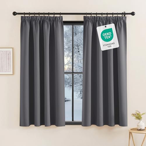 KGORGE Fenster Vorhänge Kurz Blickdicht Schlafzimmer Gardinen mit Kräuselband 2er Set 145 x 140 cm(HxB) Graue Thermovorhang Hitzeschutz Verdunkelung