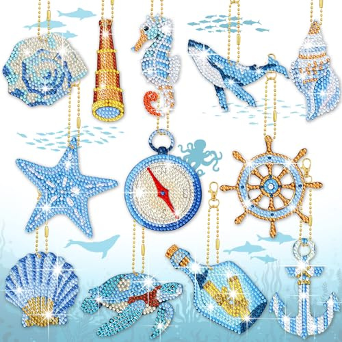 BBTO Lot de 15 porte-clés 5D à faire soi-même - Motif animaux marins - Peinture diamant - Pour fête sur la plage - Ornements pour enfants, Couleur thème océan
