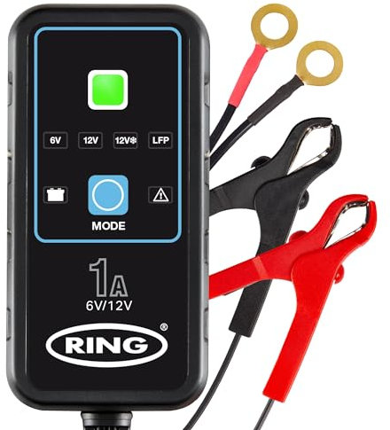 RING SMARTCHARGE 1A Car Charger & Maintainer With Crocodile Clips & Ultra-Compact Design - Compatible With Lithium Ion, Lead Acid, Gel, Calcium, EFB & AGM Batteries
