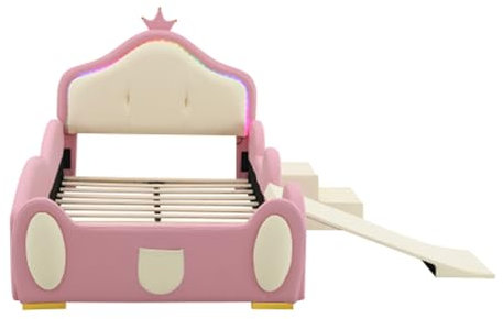 Ntxplora Lit d'enfant rose en forme de voiture (90 x 200 cm), avec un dos de lit avec un toboggan pour enfant et un escalier, une barre de protection anti-chute.