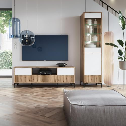 Lomadox Wohnwand TV-Wand Eiche mit weiß und Rillen Design modern 2-teilig mit Vitrine und Lowboard