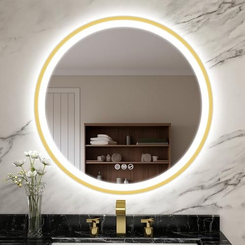 STARLEAD 60cm Gold Runder-Badspiegel-mit-Beleuchtung und Bluetooth, Dimmbar, 3 Lichtfarben, Entfogging, Speicherfunktion, HD Gehärtetes Glas, IP44, Nicht-Metallischer Rahmen