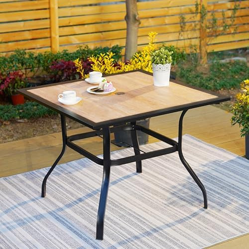 MFSTUDIO Gartentisch Wetterfest, 94 x 94 x 72 cm, Balkontisch, Quadratischer Esstisch mit Metall-Stahlrahmen und 4 cm Schirmloch, für Garten, Hinterhof, Rasen, Hof, Außenterrasse