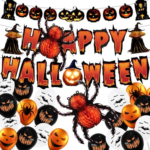 YBwanli Halloween Deko Innen Set - Luftballons, Happy Halloween Girlande, Banner, Spinnen - Party Dekoration für Kinder und Horror-Atmosphäre