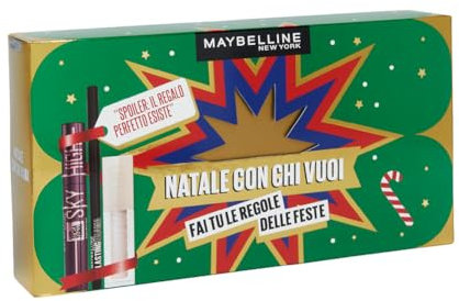 Maybelline New York Cofanetto Regalo, Con Mascara, Matita Occhi e Gloss, Collezione Natale con Chi Vuoi 2024, Mascara Sky High Burgundy, Matita Occhi Nera Lasting Drama, Lucidalabbra Lifter Gloss