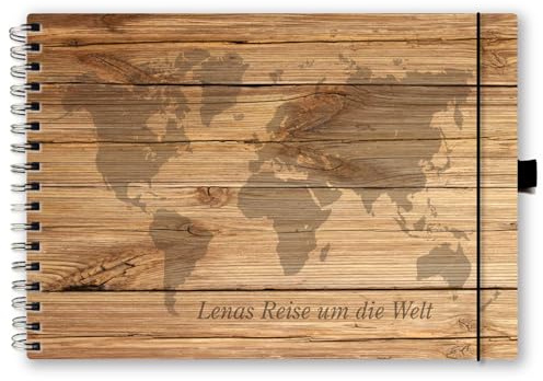 Reisetagebuch DIN A5 Weltkarte Holzdesign, Reisejournal, Notizbuch, Reiseerinnerungen, Stiftschlaufe, Haltegummi