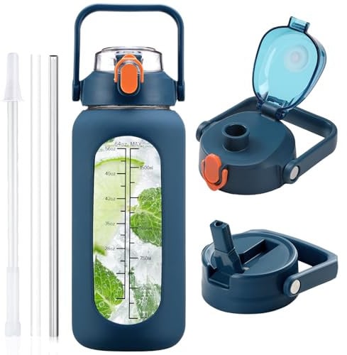HYDRAGLAZIC 2L Glass Water Bottle with 2 Lids Flip and Chug Lids 2 Liter Large Water Jug with Time Marker and Silicone Sleeve BPA Free Leak-proof for Sports Gym, Dark Blue
