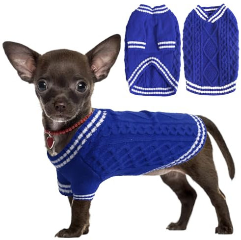 LiebeDD Hundepullover - Warm Chihuahua Pullover Hund mit Beinen, Elegant College Hundepulli V-Ausschnitt Hunde Pullis Strick Hundepullover für Kleine Mittelgroße Grosse Hunde Dog Sweater (Blau XS)