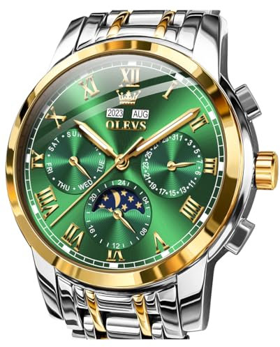 OLEVS Grüne Automatische Herrenuhren Gold Selbstaufziehende Mechanische Geschäfts Luxus Kleid Edelstahl Mondphase wasserdichte Leuchtende Kalender Armbanduhren für Männer