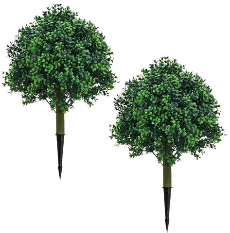 UNADRA Set of 2 Fake bushes Artificial Shrubs for Outdoors Boxwood Balls Topiary Trees UV Resistant - 23.6'' Faux Plants with Ground Spikes for Spring Front Porch Decor, Fake Evergreen Tree for Garden