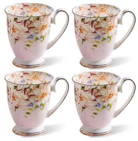MIATTCLD 4 Piece Porcelain Coffee Mugs Set - Bone China Floral Coffee Tea Water Cup and Hot Chocolate Cups - Great Gift for Lovers - 11 oz/312 ml (Pink)