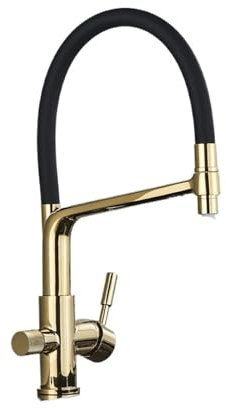 MOOEDJKL Küchenarmaturen, Filter-Mischbatterie, Kaltrotation, Waschbecken-Wasserhahn, herunterziehbarer Mischerkran mit 2 Ausläufen(Shiny Gold)