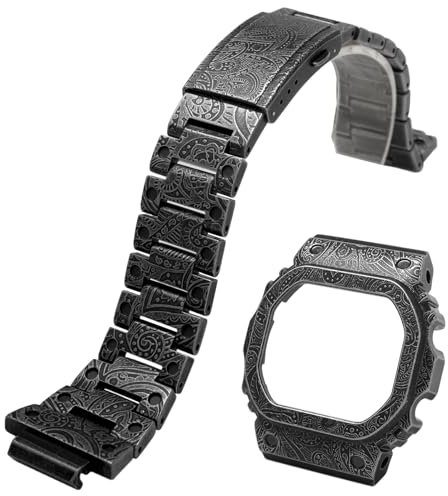 Korlexchi MOD Kit Metall-Armband und Gehäuse für Herren, Kompatibel mit Casio DW5600/GW-B5600, G-SHOCK GW-M5610/G-5600E, 316-L Edelstahl, Retro 3D-Schnitzerei