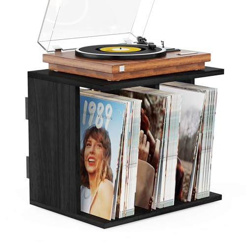Emfogoo Rangement pour Disques Vinyle Mural - Support pour 100 Albums LP, Support Vinyle Mural en Bois avec 3 Compartiments Stockage, pour Salon Bureau Déco (Vintage Noir)