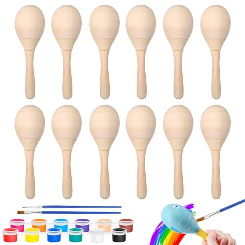 Prmape 12 Stück Mini Hölzerne Maracas mit 2pcs Acryl Farben+2pcs Pinseln, Maracas Holz Kinder, Rassel Holz Musikinstrument, Rasseln für Kinder, Partys und Schulen
