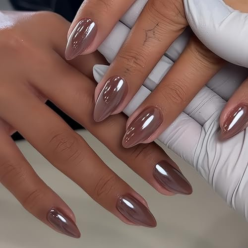 KQueenest Chrome Brown Press on Nails Almond Medium Glazed Glitter False Nails Medium, Luxury Design Acrylic Fake Nails Set with Bling Mirror Effect Stick on Nail for Women Finger Decoration 24 Pcs