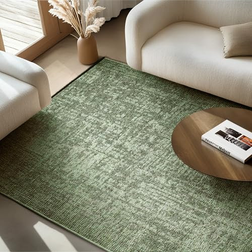 SIMPEX Chenille Teppich Baumwolle Grün 240x340 cm Boho-Stil, Vintage Kelim, Waschbar, Kurzflor, rutschfest & Weich, Einfarbig Meliert, Für Wohnzimmer, Schlafzimmer, Büro & Küche