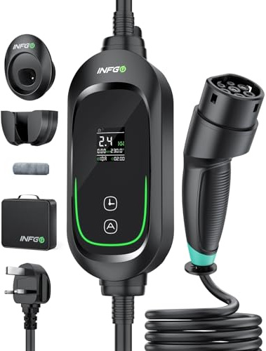 INFGO EV Charger, 32.8Ft/10M 2.4kW EV Charger Cable Type 2 to 3 Pin Plug | (6/8/10A) Type 2 Charging Cable with adjusted timer 0.5–12 hours for EVs & PHEVs, Black