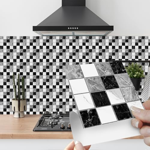 BUYBLIFE 20PCS Mosaic Style Tile Stickers for Bathroom, Self Adhesive Peel and Stick Tiles Vinyl Splashback for Kitchen Room Transformation Home Decor (10x10cm/4x4inch)