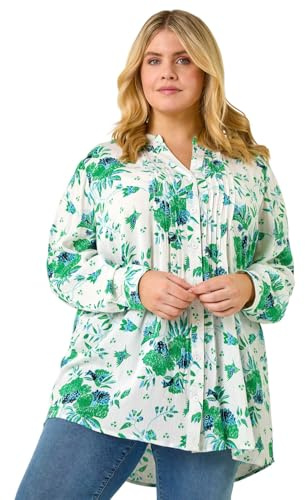 Roman Originals Pintuck Shirt for Women Ladies Jersey Blouse Collarless Top Flare Crinkle Notch Neck Tunic 3/4 Length Sleeve Longline Smart Casual Party Going Out - Floral Green Plus - Size 20