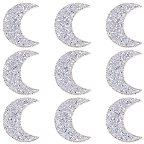 CABODYALS 10 Stück Silberne Strass Mond Applikation Zum Aufnähen Bestickte Kristalle Zum Aufbügeln Aufnäher Himmlische Stickerei Transfer Reparaturabzeichen Zum Nähen Basteln Kleidung Taschen Jeans We