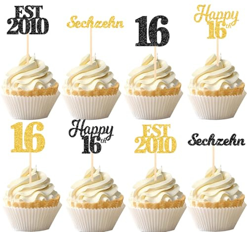 Gleevio Sechzehn Tortendeko 16 Geburtstag Junge Mädchen,24 Stück Muffin Deko 16 Geburtstag,Glitzer Happy 16th Cupcake Topper 16. Geburtstagdeko,EST 2010 Kuchen Deko Geburtstagsdeko 16 Jahre Junge