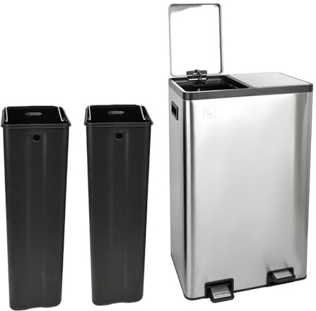 SVITA TMH2X30 Mülleimer 60L Mülltrennsystem 2 Fächer 2x15L Softclose-Deckel Pedal versteckbar Kunststoff Inneneimer | Edelstahl Silber