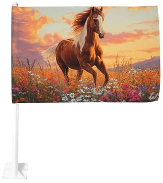Majestätische Pferde-Fahne mit Wildblumen-Motiv, für den Außenbereich, Fensterclip, 30 x 45 cm, doppelseitige Auto-Dekoration