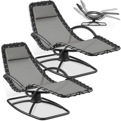 tectake® 2er Set Gartenliege mit Schwingfunktion, Ergonomisch, Textilene, 120kg Belastbar, Kopfpolster, Sonnenliege, Liegestuhl, Outdoor Liege, Poolliege, Klappliege, Gartenmöbel, Schwingliege - grau