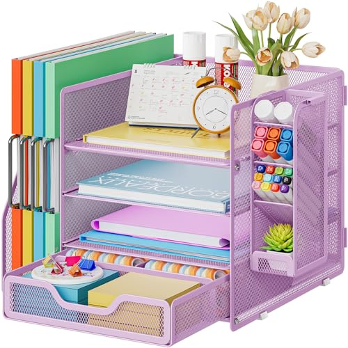 Marbrasse 4-Tire Schreibtisch Organizer mit Aktenhalter, Mesh Schreibtisch Dokumentenablage mit Stiftehalter und Schublade, Büro Organizer Aufbewahrung für Schreibtisch Zubehör & Ablage (Lila)