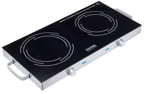 Cooks Professional Double Electric Ceramic Hob 2800W | Plug In Portable 2 Ring Hot Plate Countertop Stove with Non-Slip Feet, Side Handles & Knob Control | 17.5 & 14cm Diameter Hobs