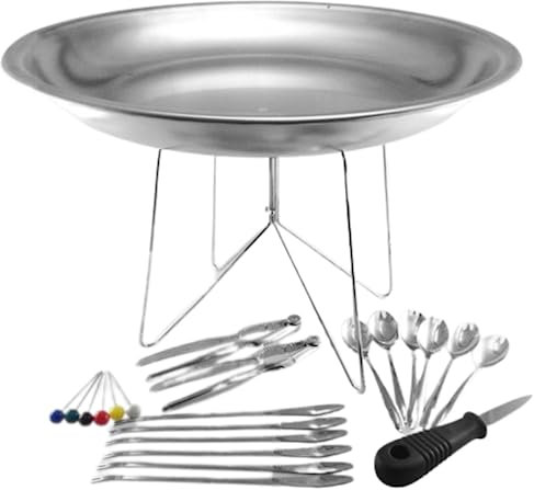 Lebrun Couverts - Plat de Service 23 Pièces - Service Crustacés en Acier Inoxydable - Plateau 40 cm, Support Plateau, Curettes à Homard, Cuillères à Huitre, Argenté